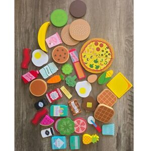 Wooden Play Food Set Pretend Kitchen Toys Pizza Waffles Pantry Items 35+ Pieces